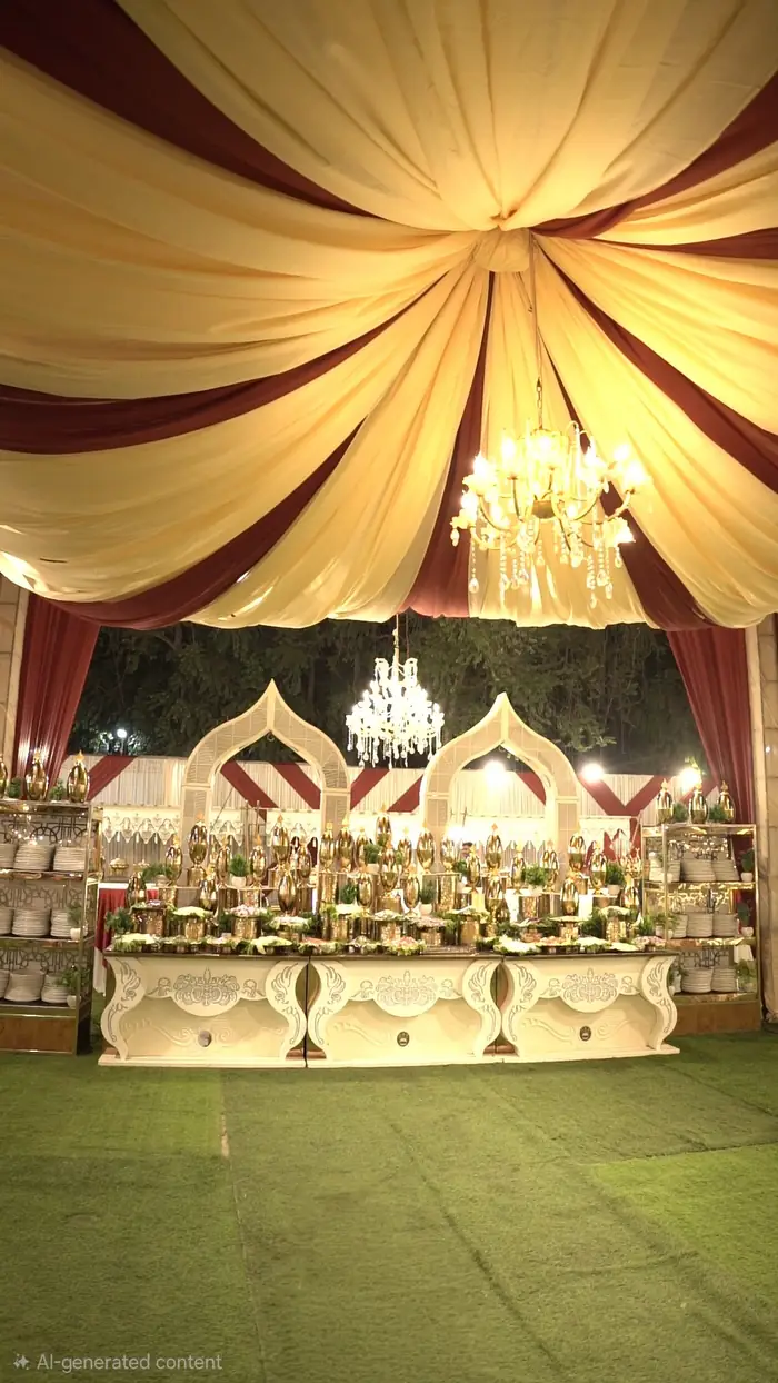 A tented dining setup with chandeliers by Perfecplan
